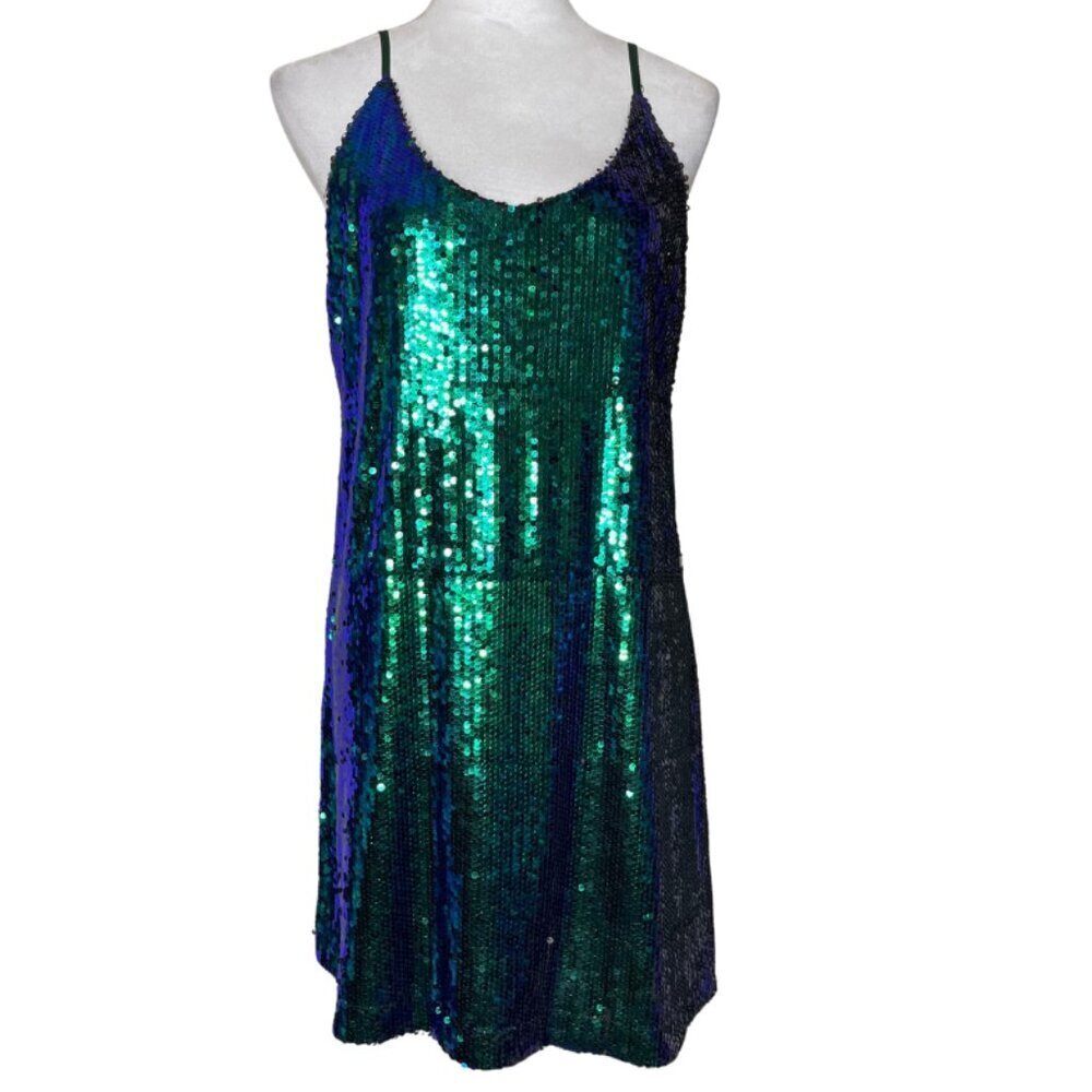 Allegra K Green Glitter Sequin V Neck Spaghetti Strap Mini Party Dress Sz Large - Picture 2 of 9